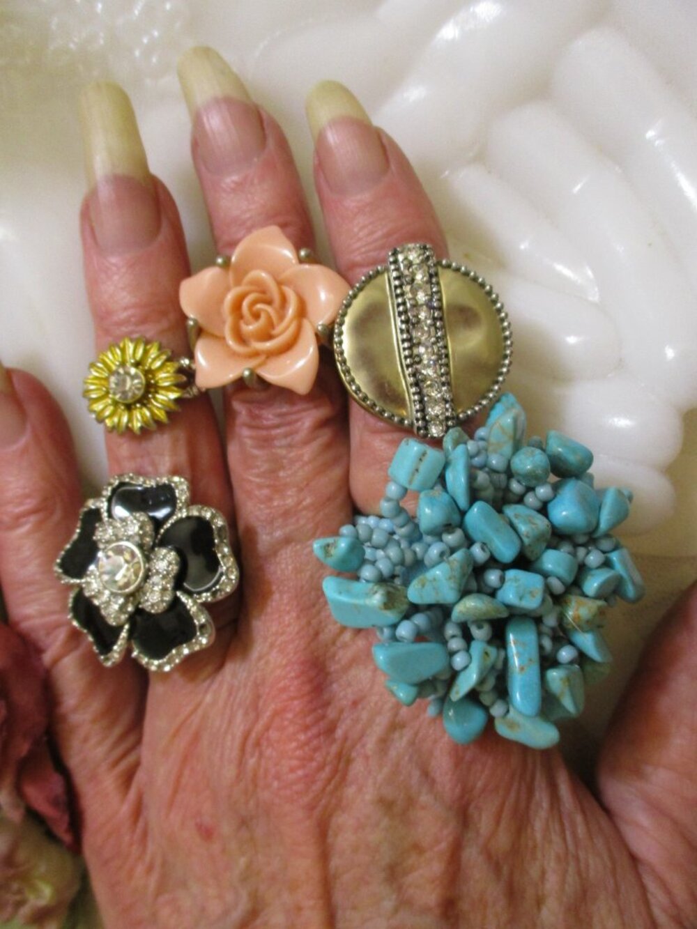 Fashion Jewelry Statement Ring Lot: Silver Rhinestone Lucite CZ Enamel Howlite